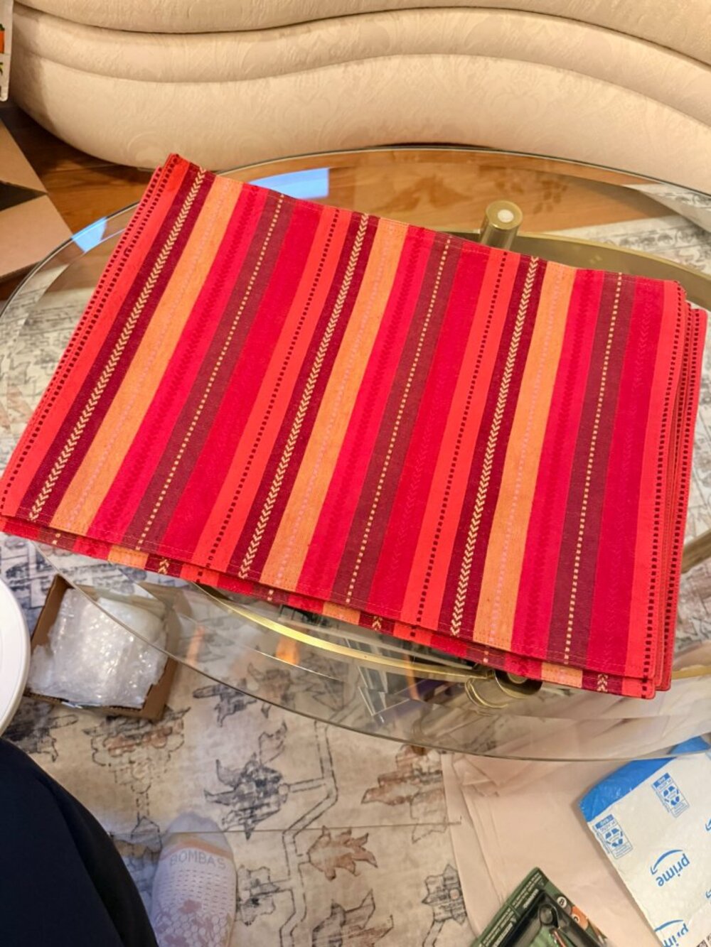 Set of 7 Red Orange Striped Fabric Placemats 13x18 Reversible Fall Table Decor